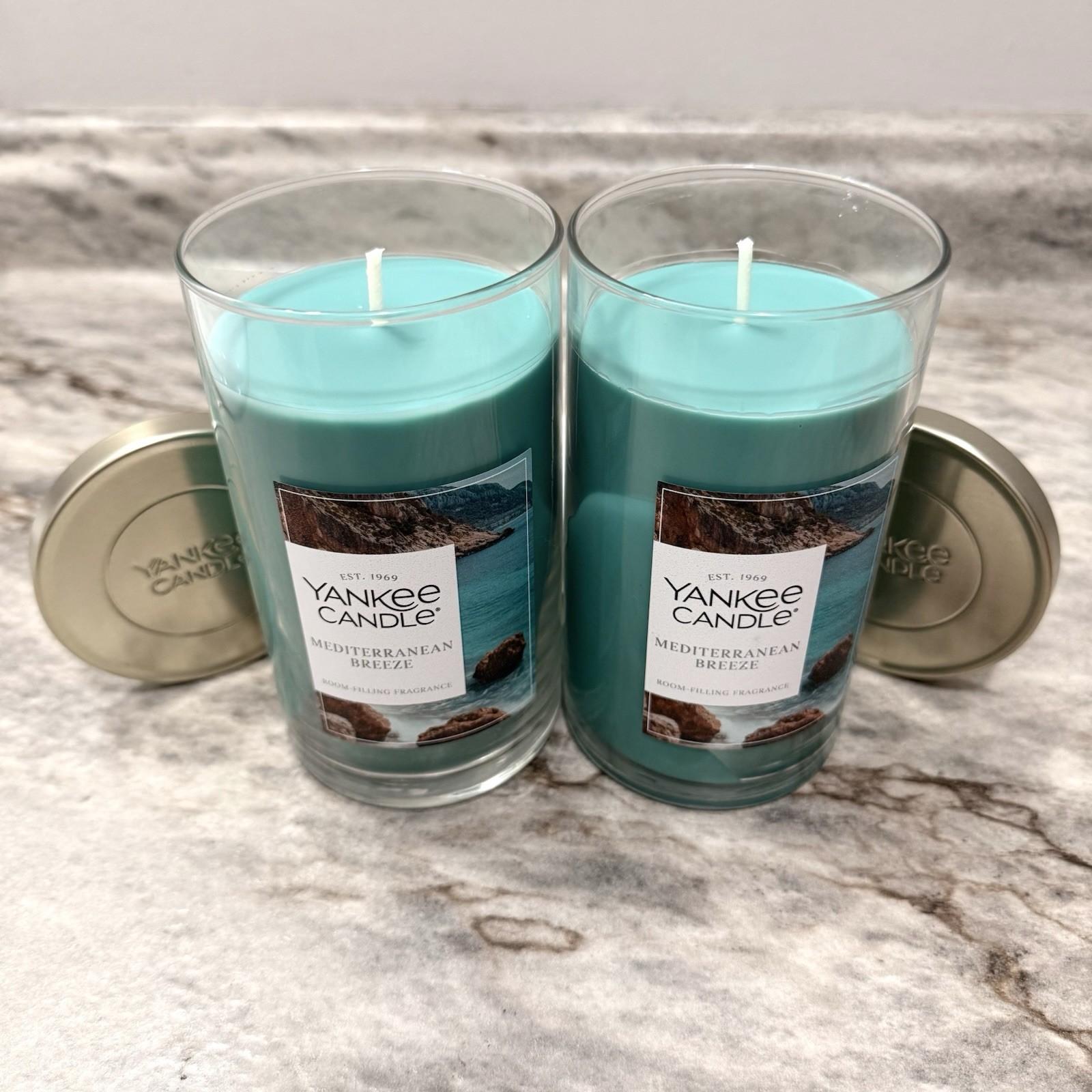 YANKEE Candle Mediterranean Breeze 14.25 oz Wax One Wick Glass Jar Blue Lot of 2