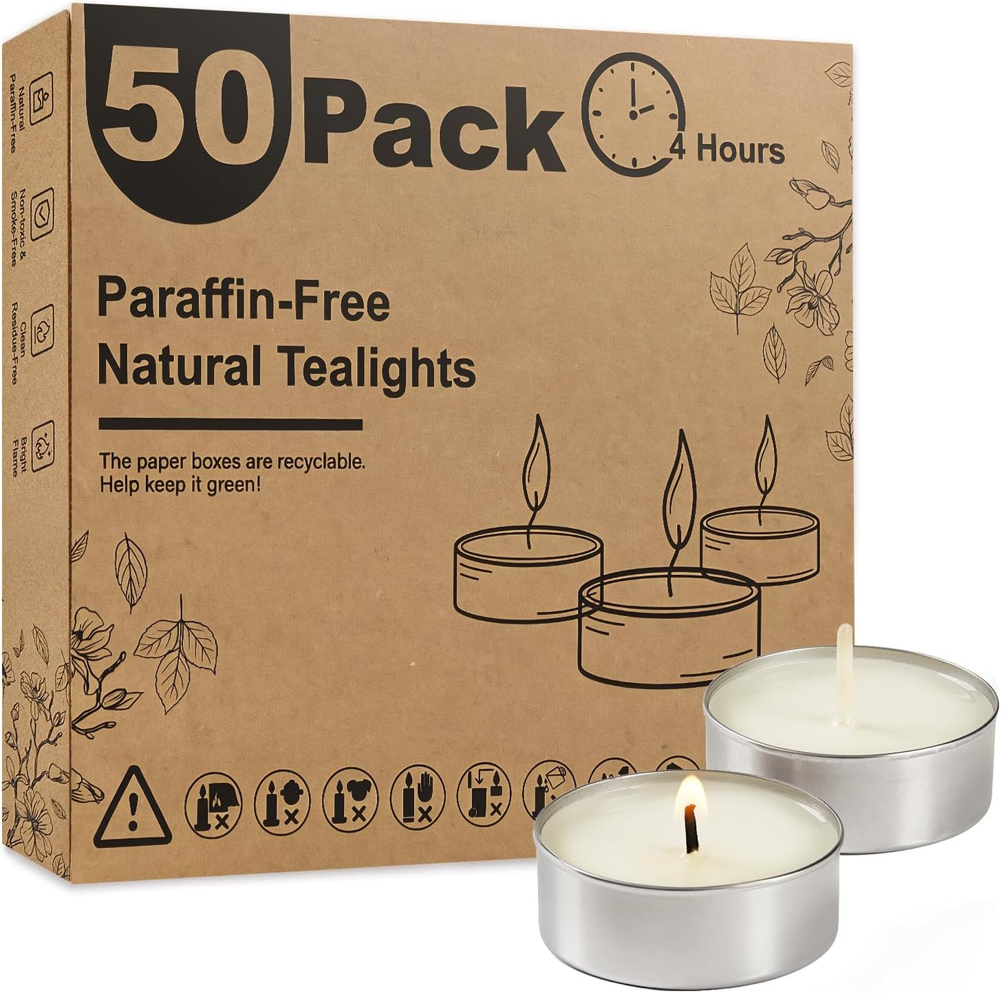 100-Pack Unscented Palm Wax Tea Lights Candles,4.5 Hours Burn | Smokeless，Non-To