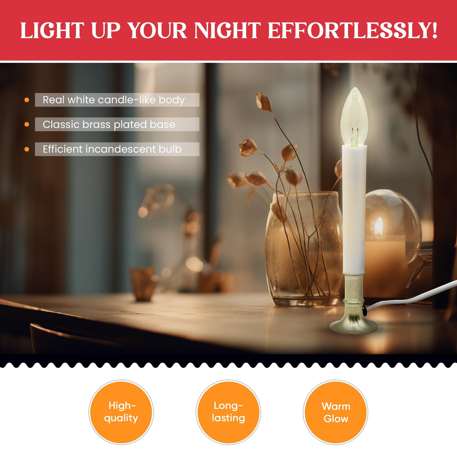 Creative Hobbies Electric Window Candle Lamp with Brass Plated Base, Dusk to