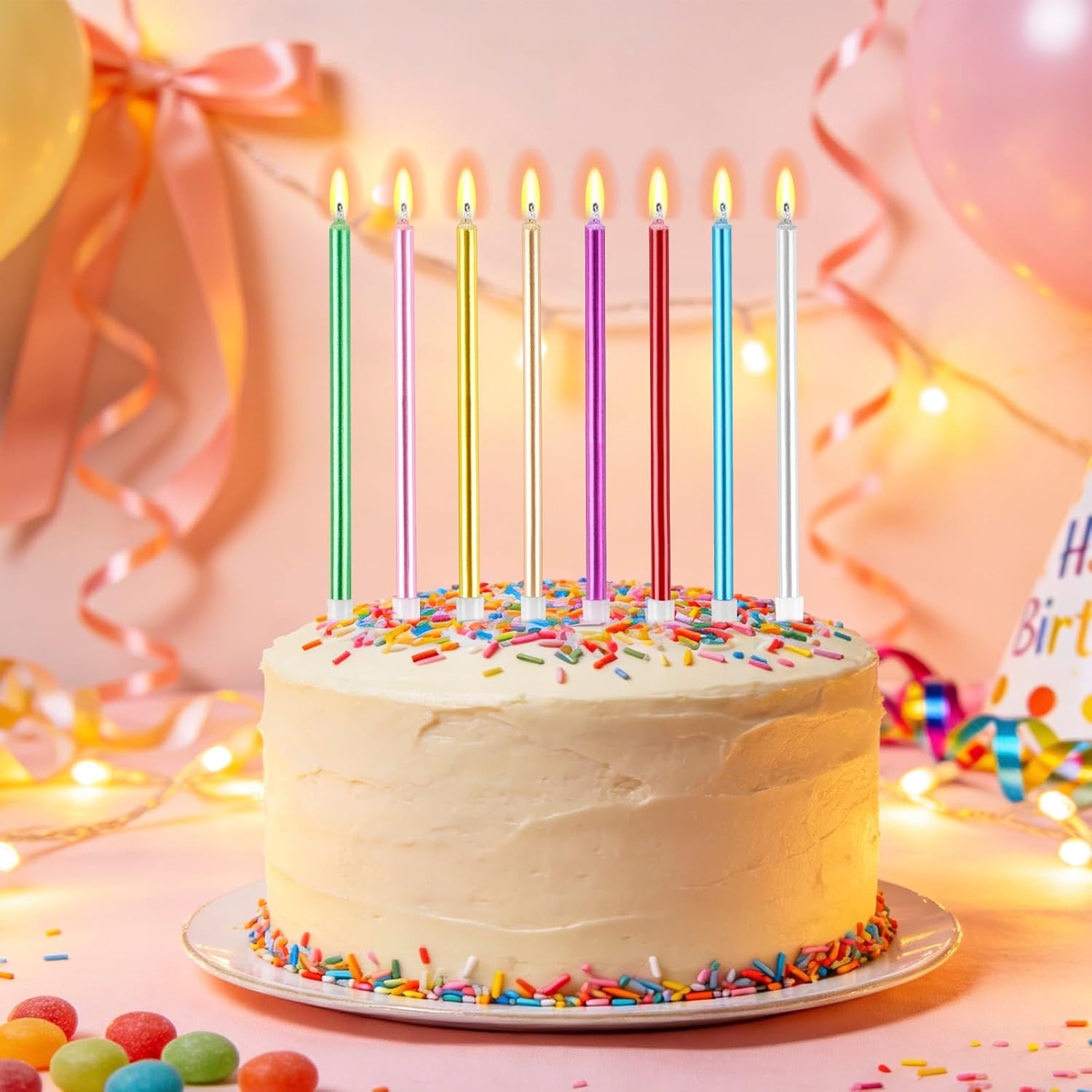 40-Count Color Birthday Candles – Long Thin Metallic Candles, Cake Candles, Birt