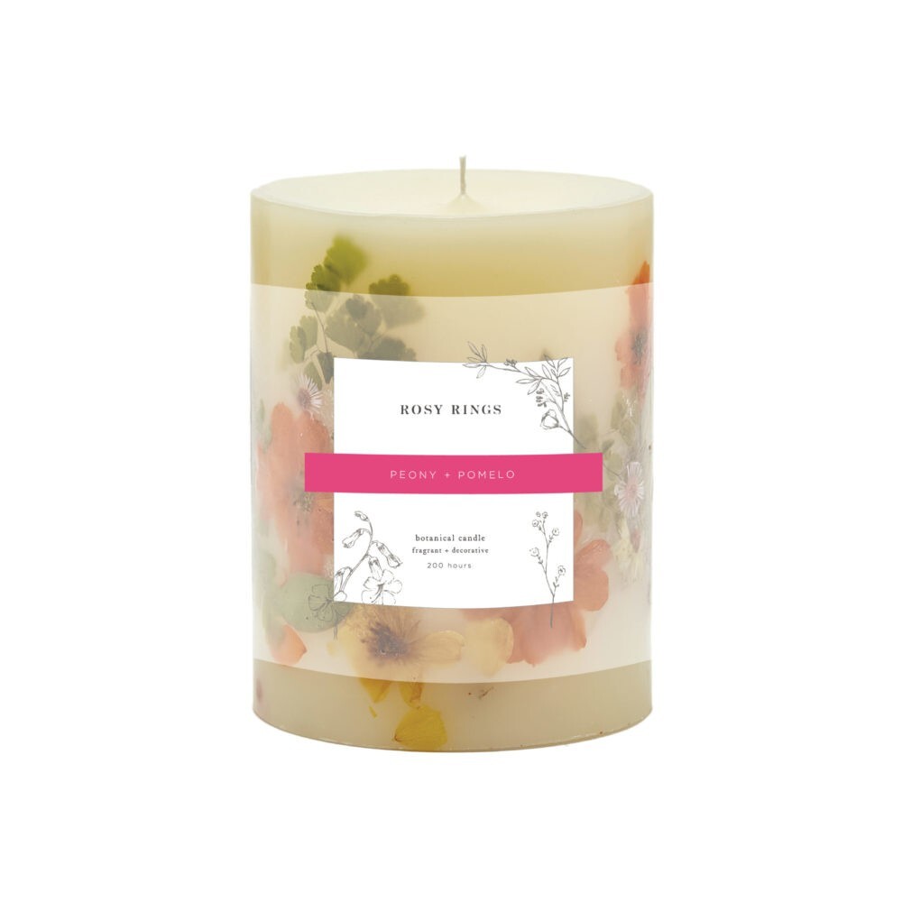 ROSY RINGS, PEONY POMELO LUXURY BOTANICAL CANDLE, 6.5″ TALL, 200 HRS