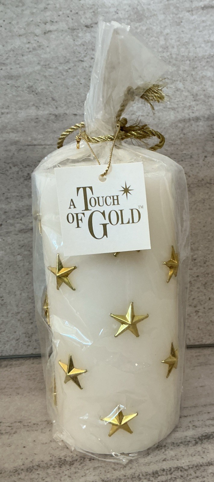 Vintage “A Touch of Gold” Wax Candle Glitter Cream Gold Stars 6” ~ New