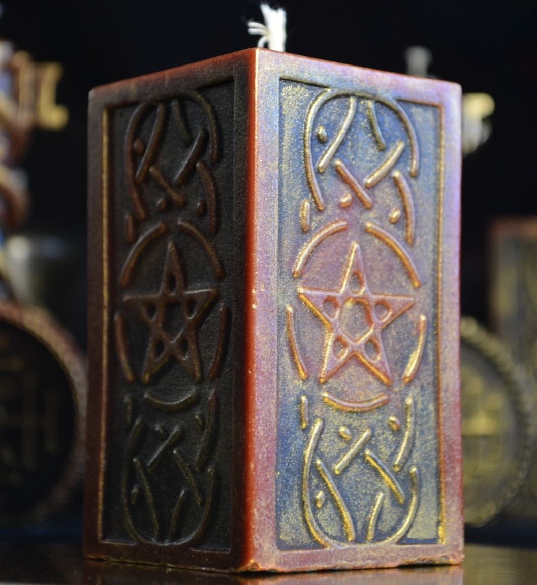 Pentagram Beeswax Pillar Candle Hand Painted Gold Occult Altar Decor Witchy Gift