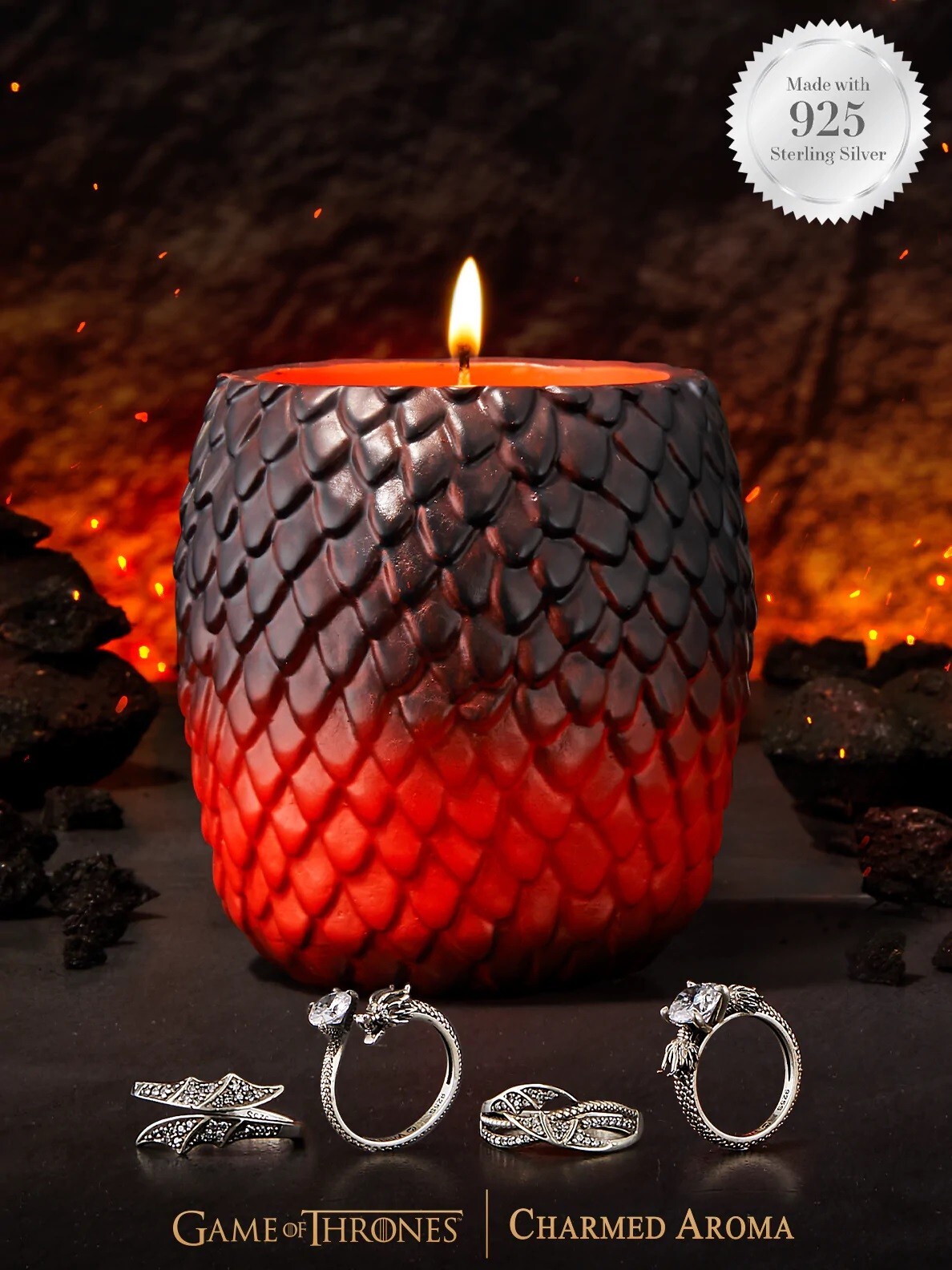 Charmed Aroma 925 Sterling Silver Ring Game of Thrones Dragon Egg Candle Size 7