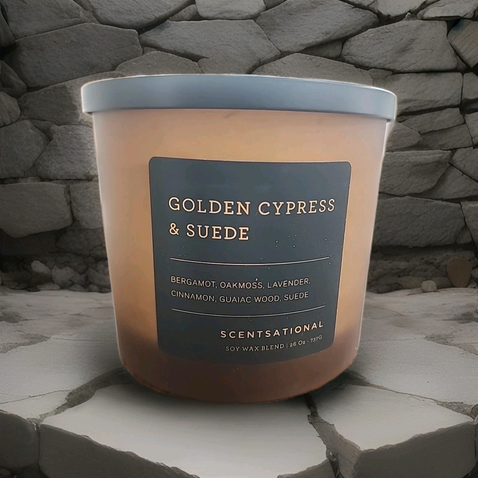 Scentsational GOLDEN CYPRESS & SUEDE Soy Wax Blend Large 3 Wick Candle 26oz NEW