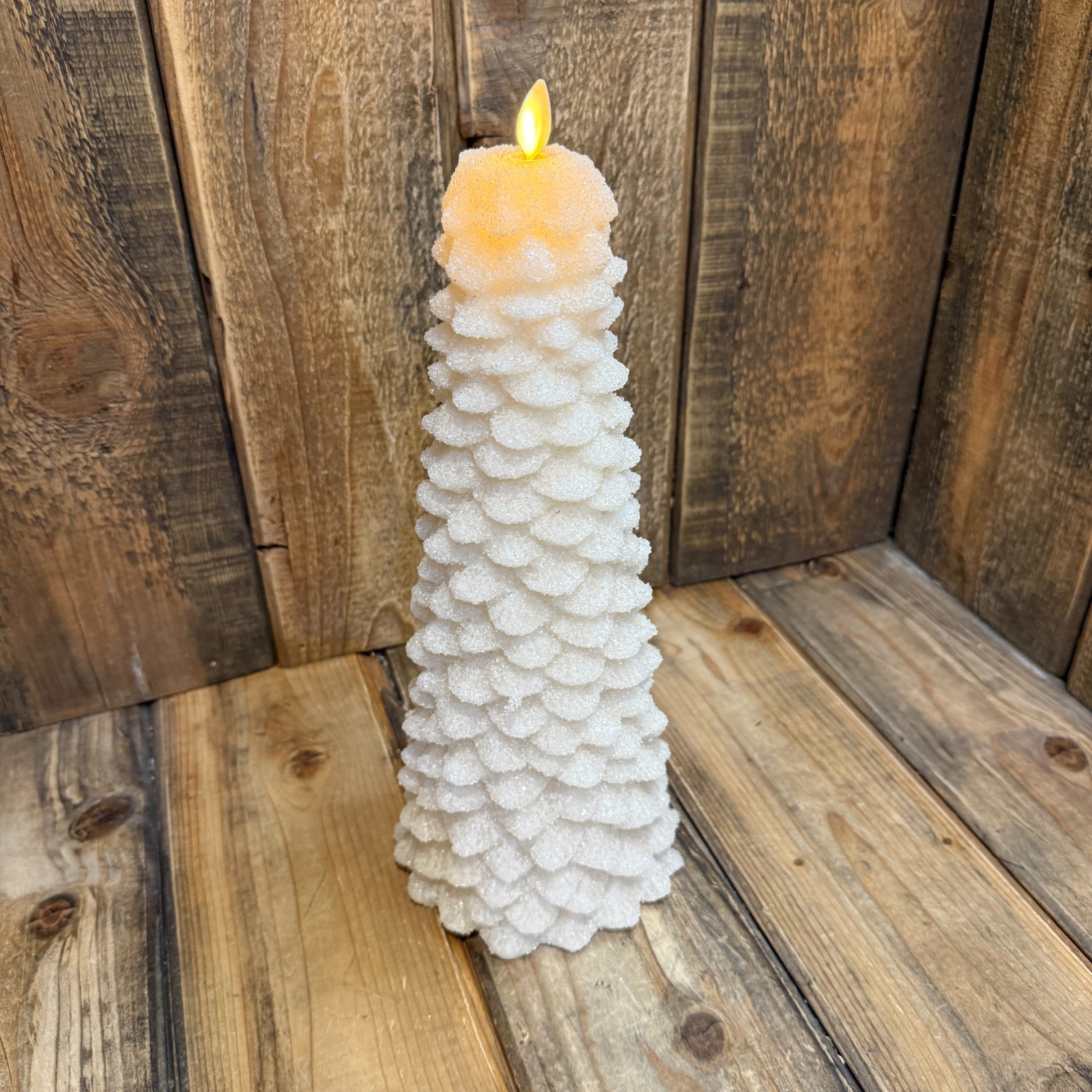 POTTERY BARN PREMIUM FLICKERING FLAMELESS FROSTED TREE CANDLE, XL 13″~TRUE WHITE