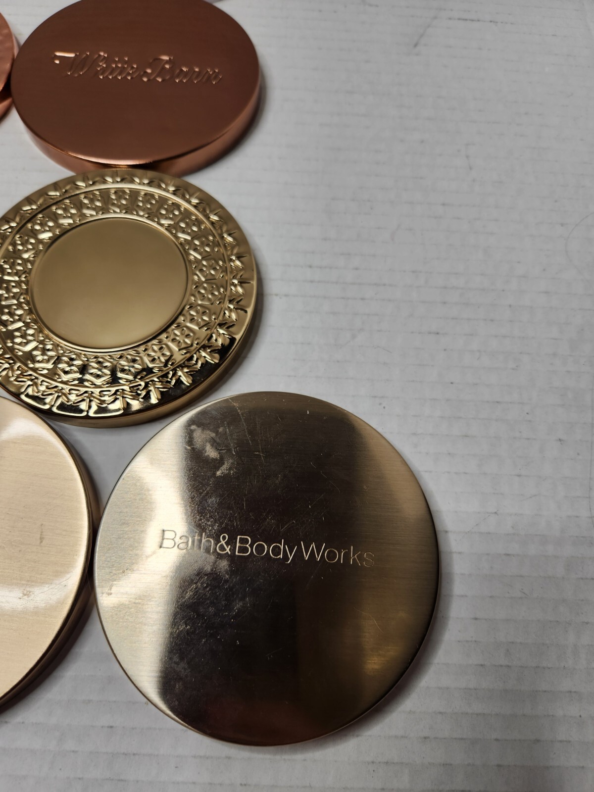 Bath & Body Works 3 Wick Candle Lids White Rose Gold Hammered Copper Metal Star