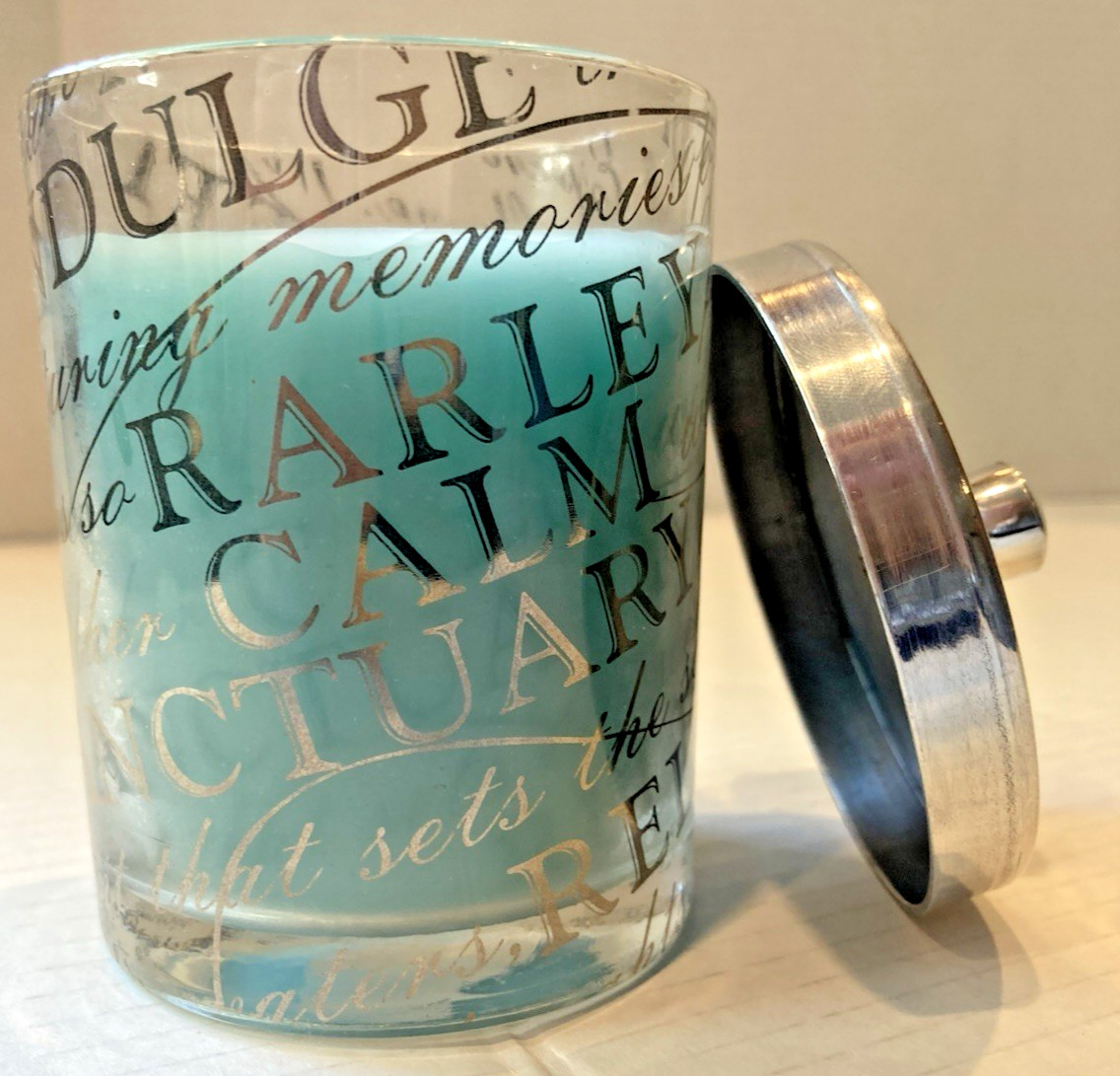 Coastal Calming Candle Inspirational Messages Glass Jar Silver Lid Beach Blue