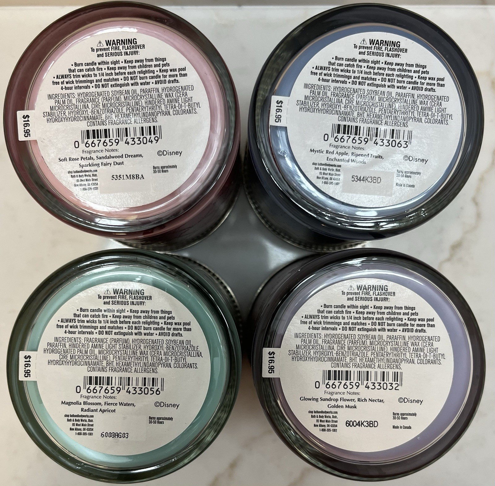 Bath Body Works 4 DISNEY single wick candles SNOW WHITE AURORA MULAN & RAPUNZEL