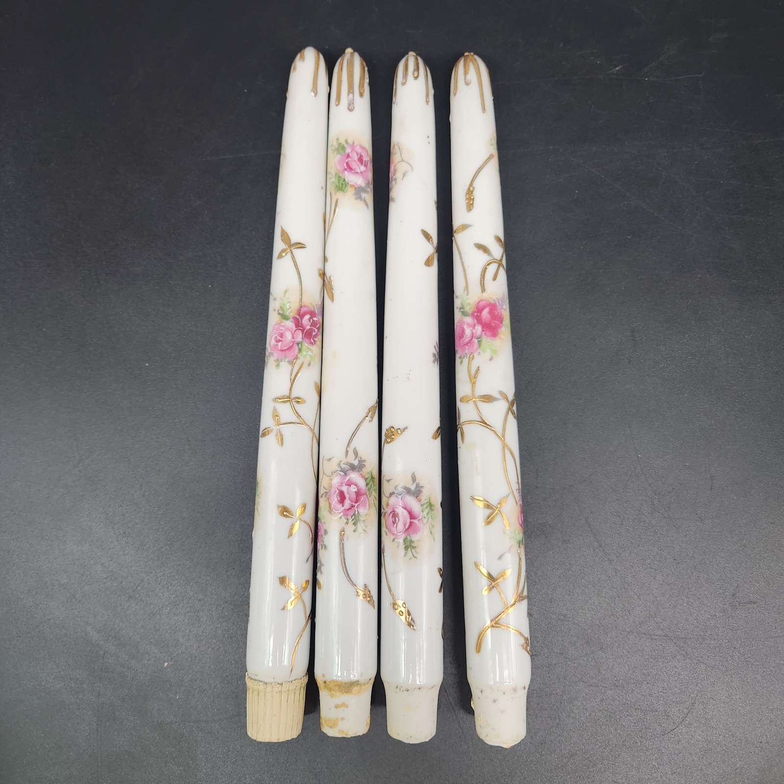 Set of 4 Antique? Porcelain Faux Taper Candles Hand Painted Floral Gold Accents