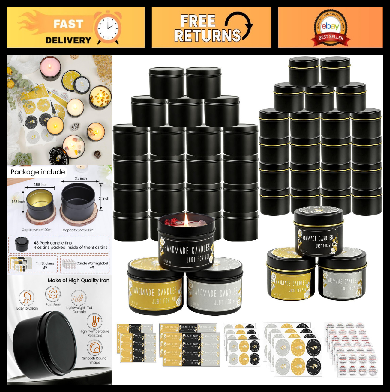 48 Pack Matte Black Candle Tins – 24x8oz & 24x4oz Containers for Candle Making,