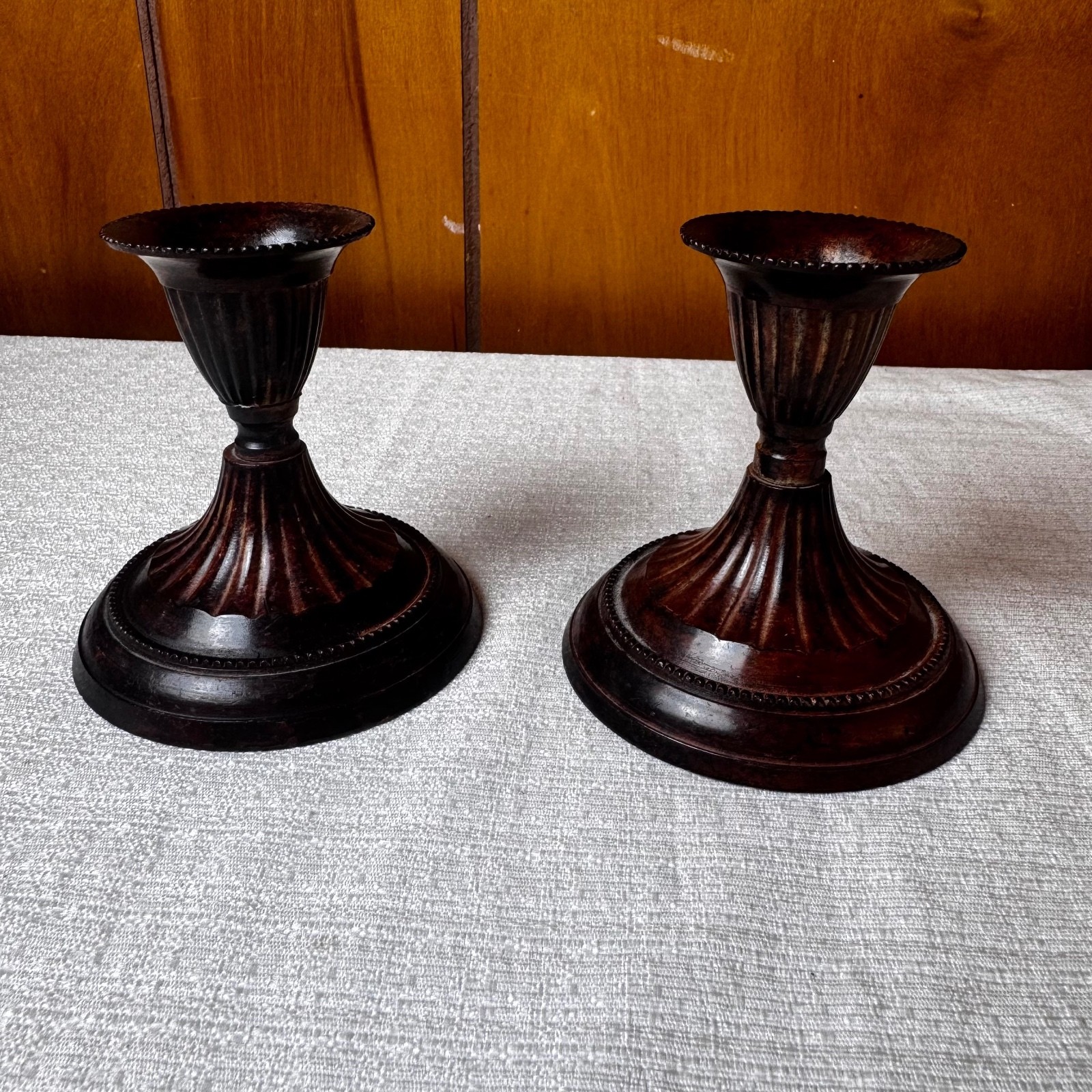 Vintage Hosley Solid Brass Candlestick Holders Pair Fluted Dark Patina India