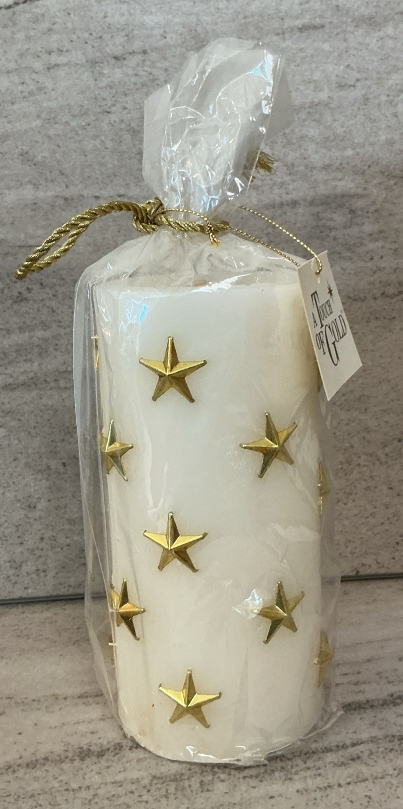 Vintage “A Touch of Gold” Wax Candle Glitter Cream Gold Stars 6” ~ New
