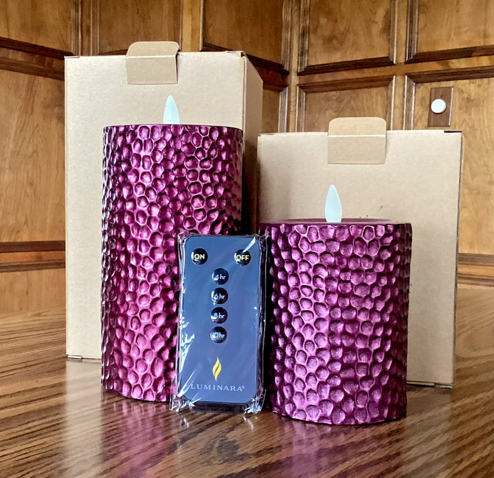Luminara S/2 Flameless 4″& 6″ Metallic Hammered Pillar Set In PLUM – FREE SHIP