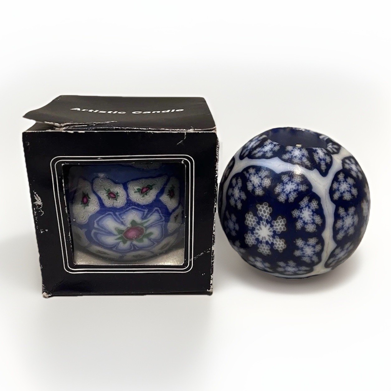 Lot Of 2 VTG 90s Glowing Candle Blue White Globe Candle Millefiori NEW!