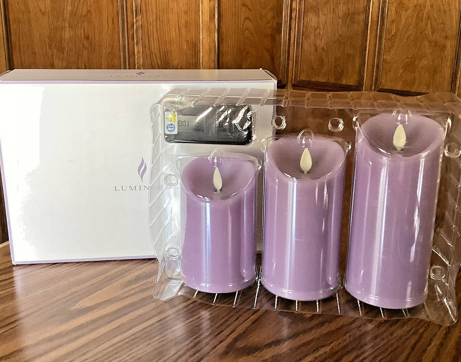 Luminara S/3 Assorted Flameless WISTERIA Pillars in Gift Box with Remote FREE SH