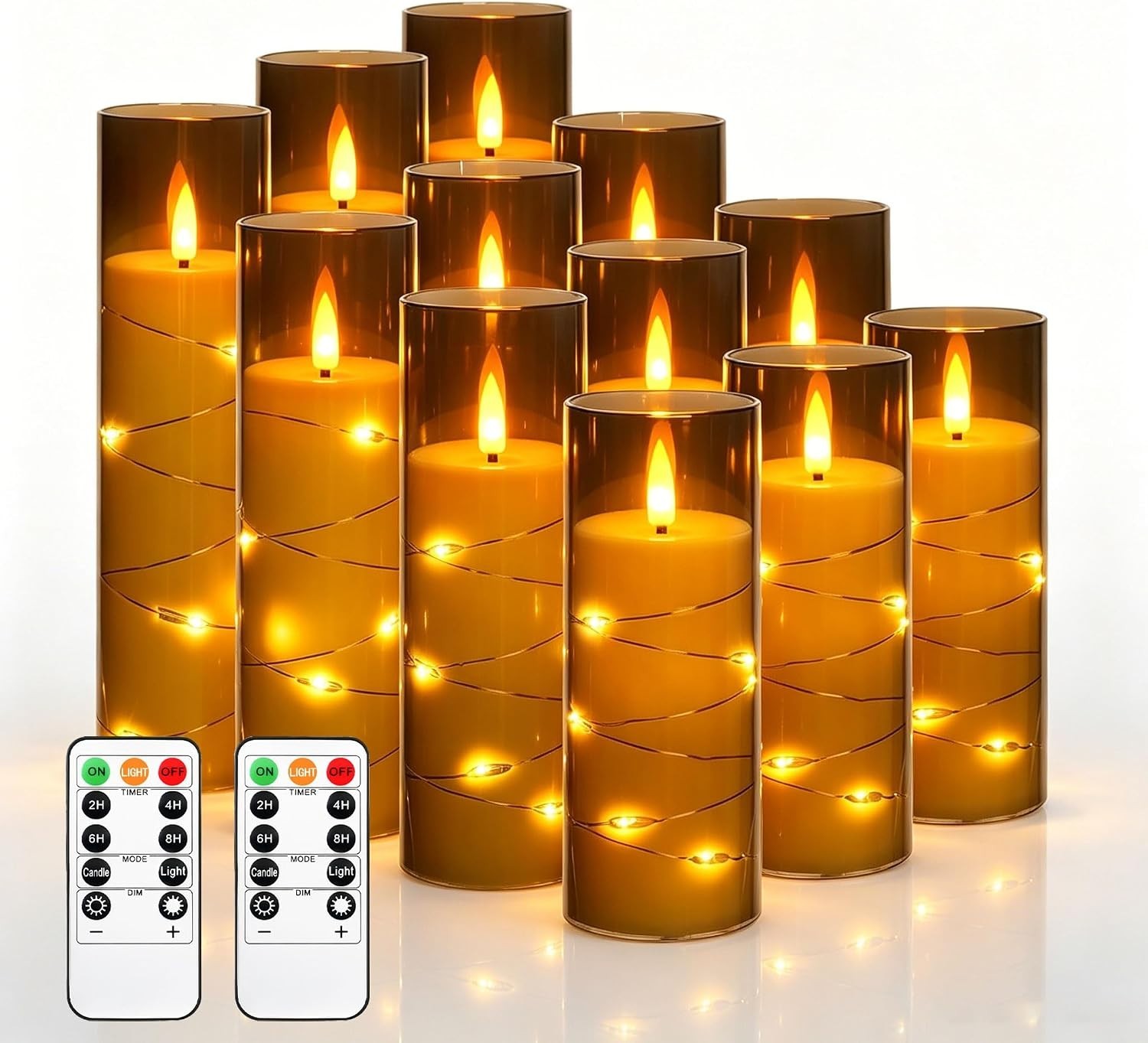 12 Pack Gray Acrylic Flameless Taper Candles, Flickering Black Wick LED Candles