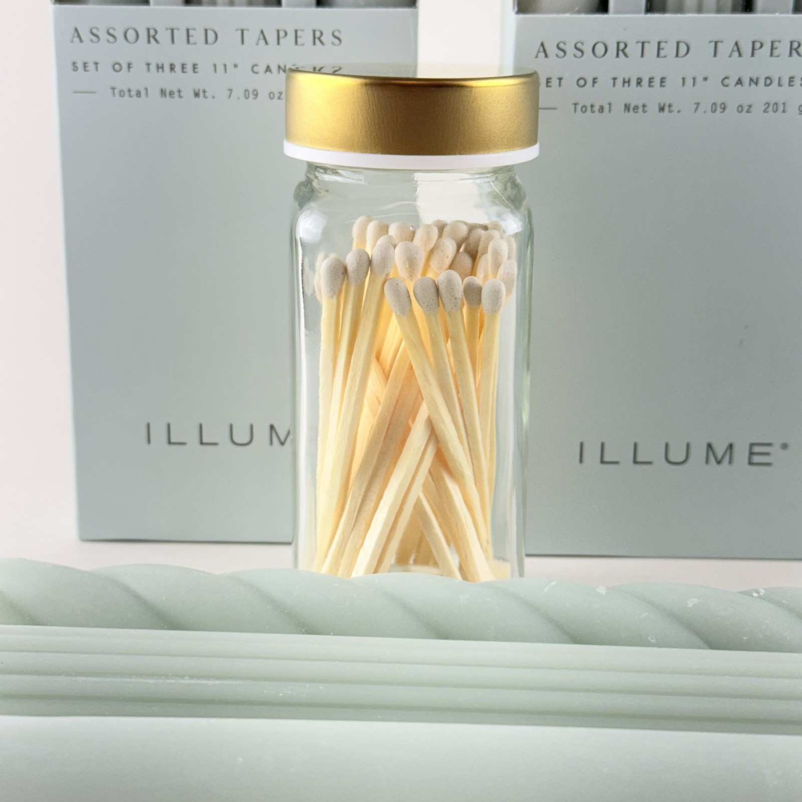Illume Pale Blue Candle Tapers Set – 9 Tapers -Glass Match Holders -Retails $56
