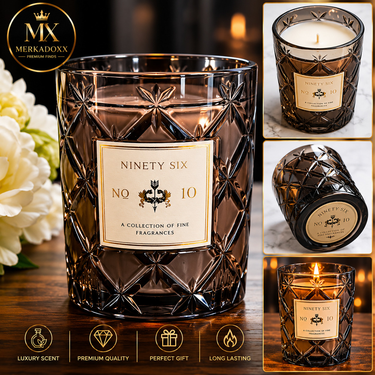 Ninety Six No. 10 Luxury Scented Candle | Premium Cut Glass Jar | Elegant Home D