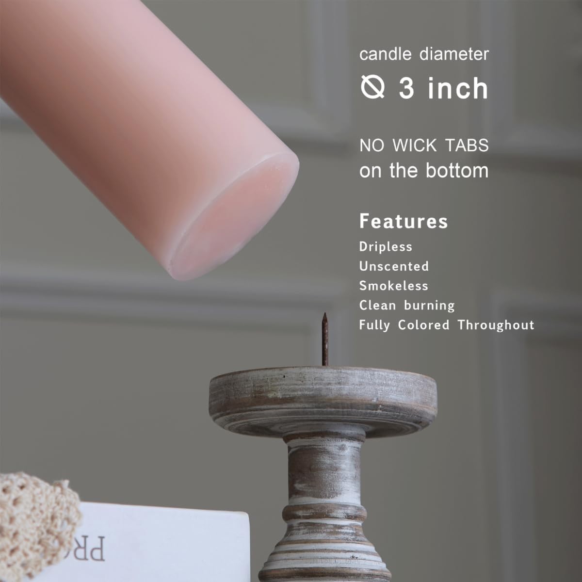 Rustic Blush Pillar Candles, 3″ x 4″ Set of 3 – Dripless, Long-Burning Elegance