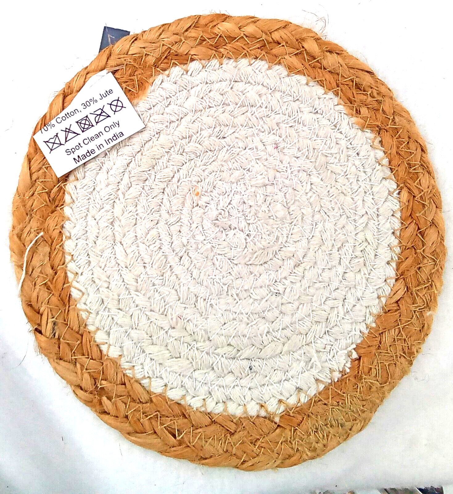 Jute Candle Mat Pad White Cotton Fabric Crossroads Round India Tan Stitched 6.5″