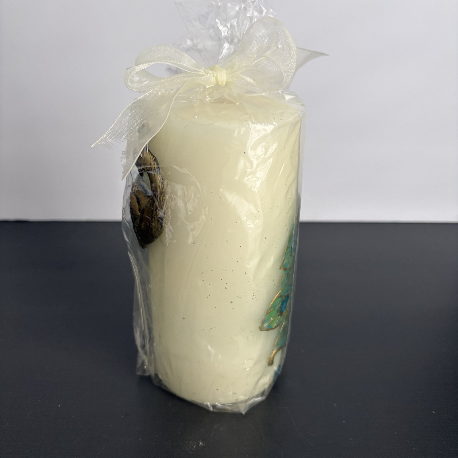 Pier One Peacock Candle Unscented Pillar 6 in Jeweled Feathers Original Package