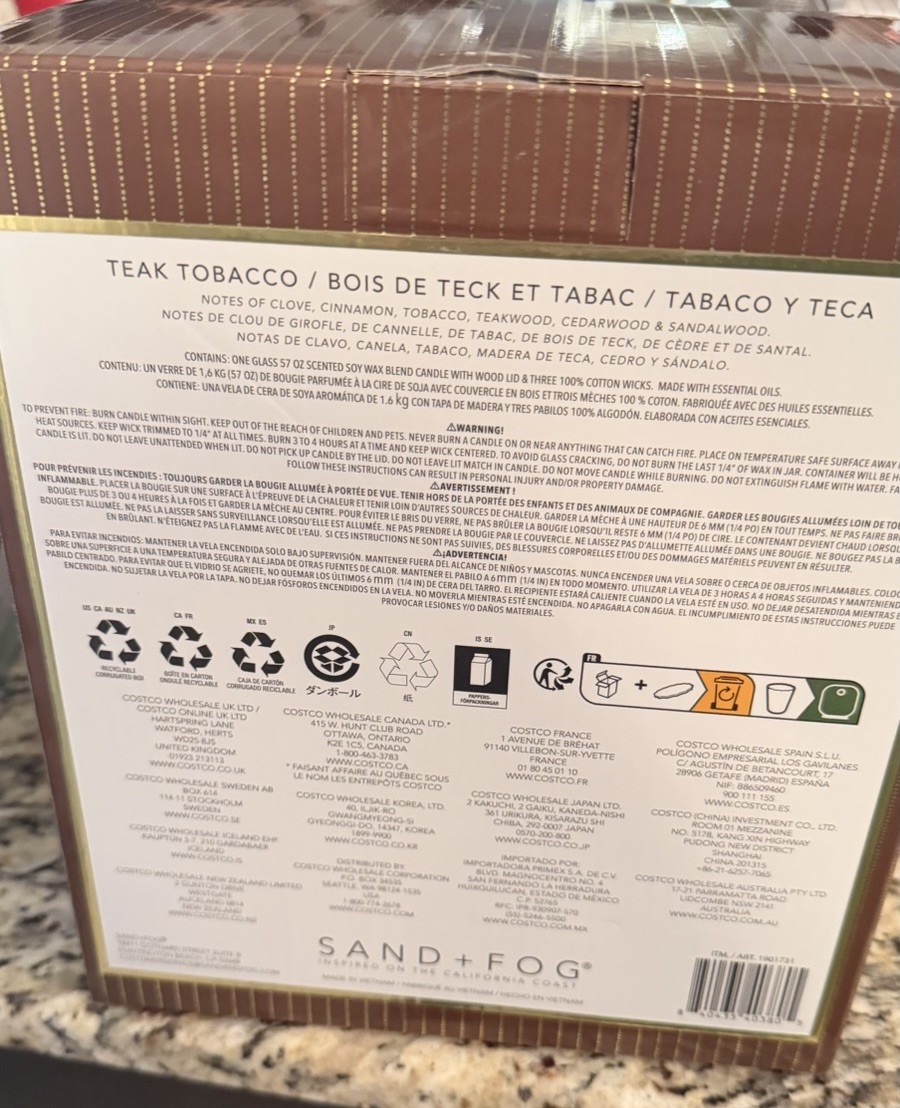 Sand + Fog 57 Oz Teak Tobacco Scented Soy Wax Blend Candle With Wood Lid New