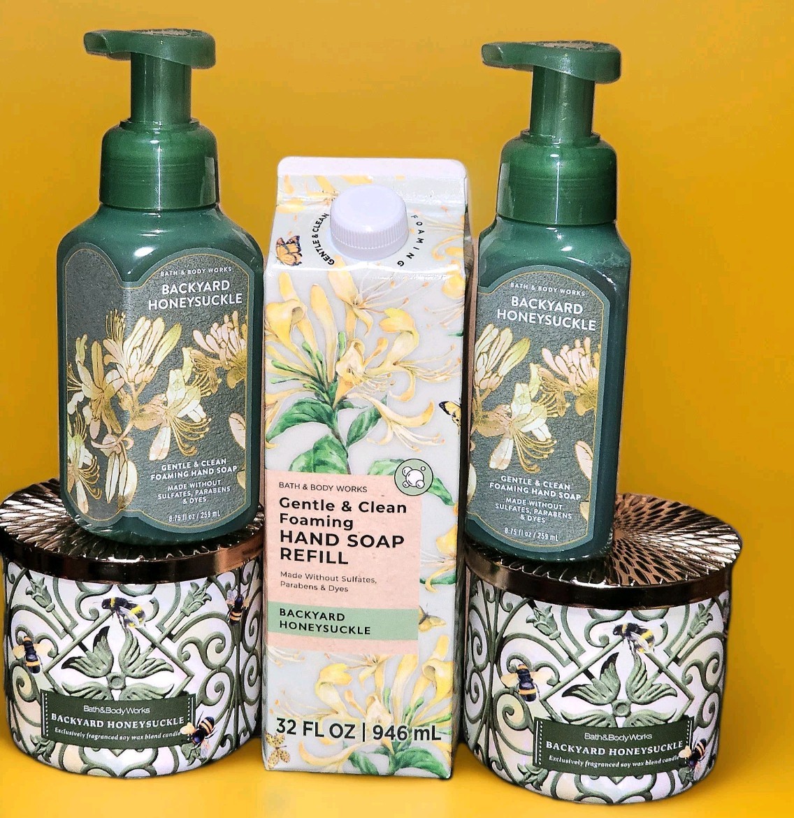 Bath & Body works Backyard Honeysuckle Two 3 Wick Candles w/ HandSoap Refill Lot