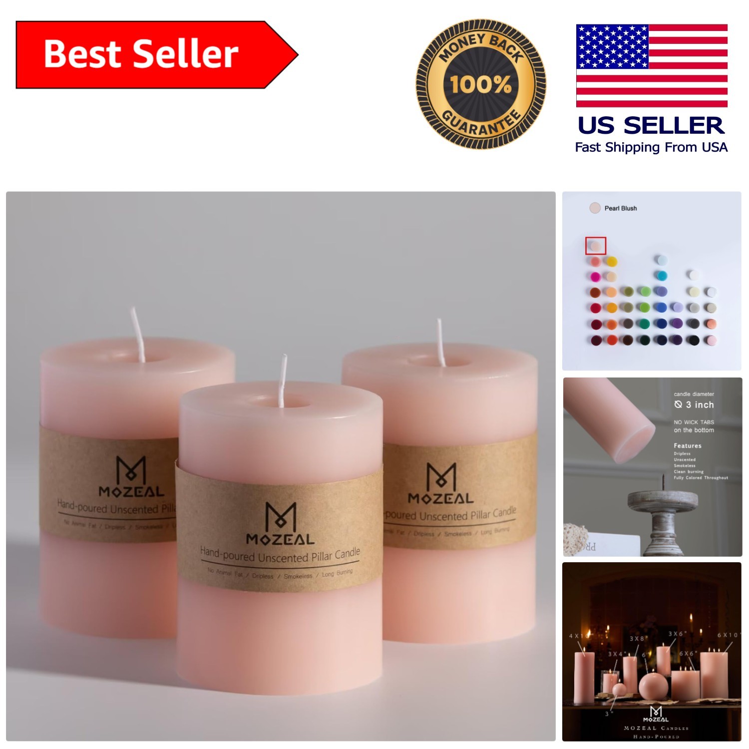 Rustic Blush Pillar Candles, 3″ x 4″ Set of 3 – Dripless, Long-Burning Elegance