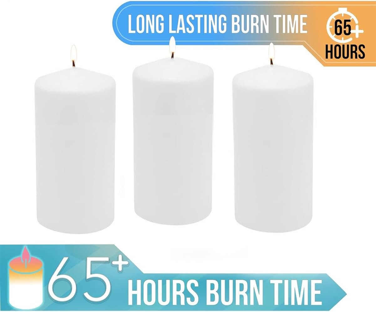 3 Pack Tall 3 X 6 Inch 65 Hour Long Burning Unscented White Wax