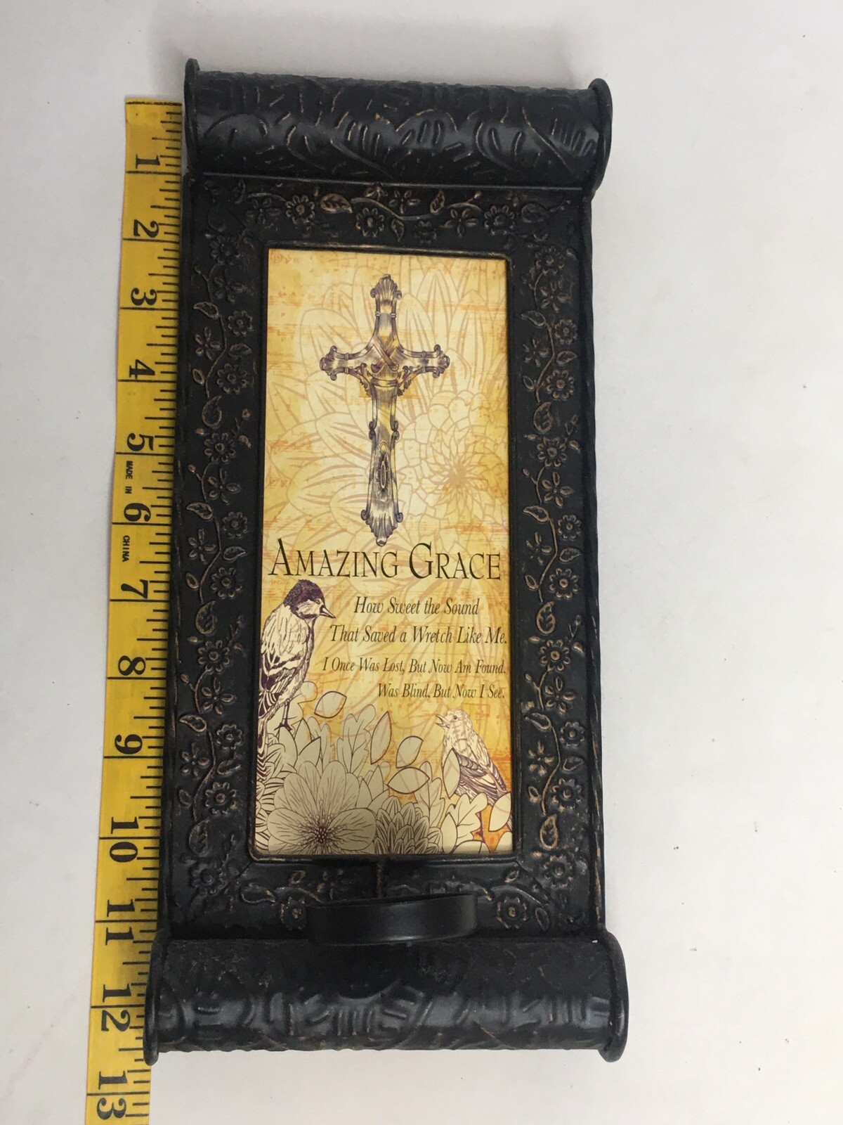 Wall Sconce Amazing Grace Candle Light Weight Metal Decor Cross Birds Votive