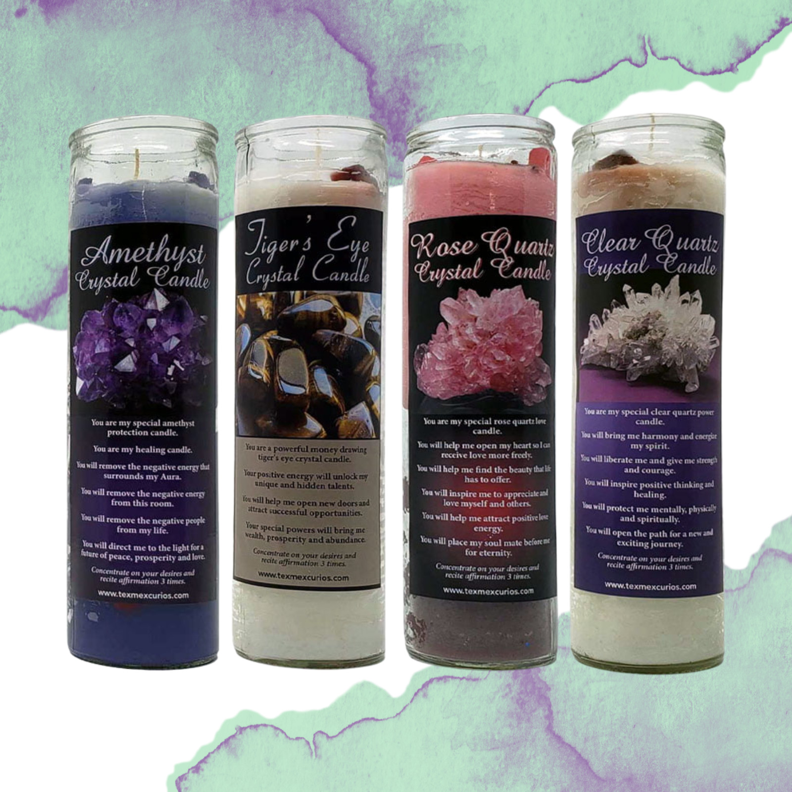 Crystal Healing, Set of 4 Candles ~ Amethyst, Tiger’s Eye, Rose & Clear Quartz