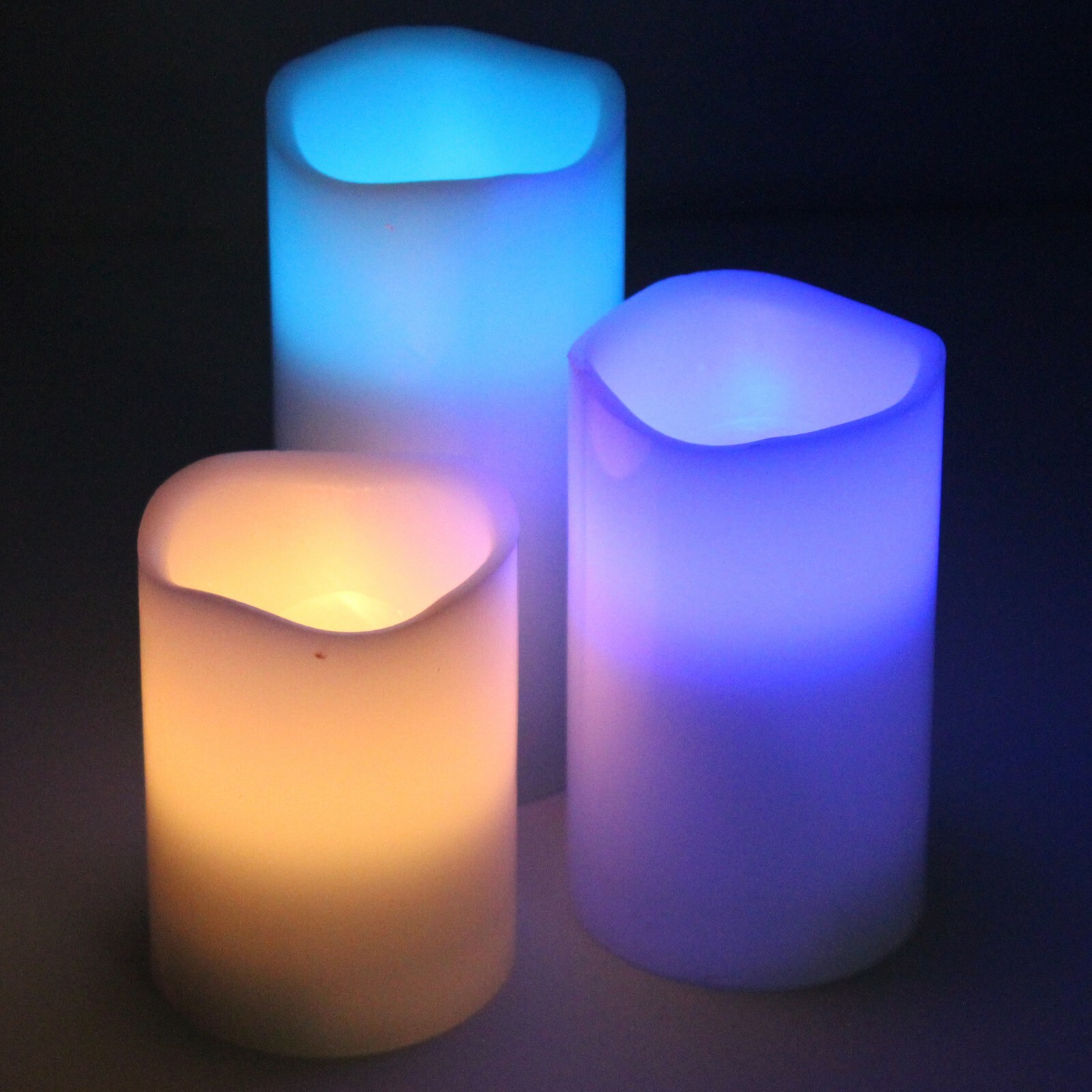 NEW Set of 3 Multi-Color Round Melted Edge RC Flameless WAX Pillar LED Candle