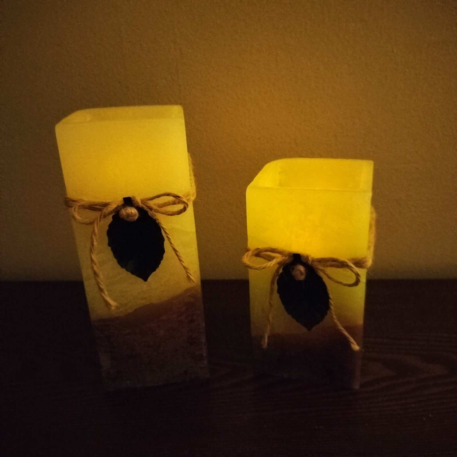 Flameless Candle Set of 2 Leaf Accent 7.5in & 6in Brown Green Cream Battery