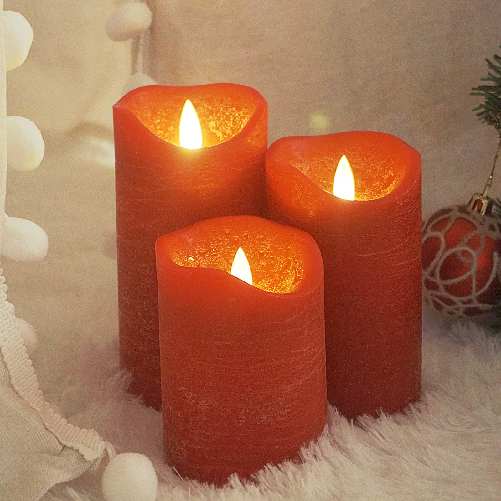 3 PCS Red Real Wax Flameless LED Pillar Candle 3Dx4/5/6 Inch Remote Timer