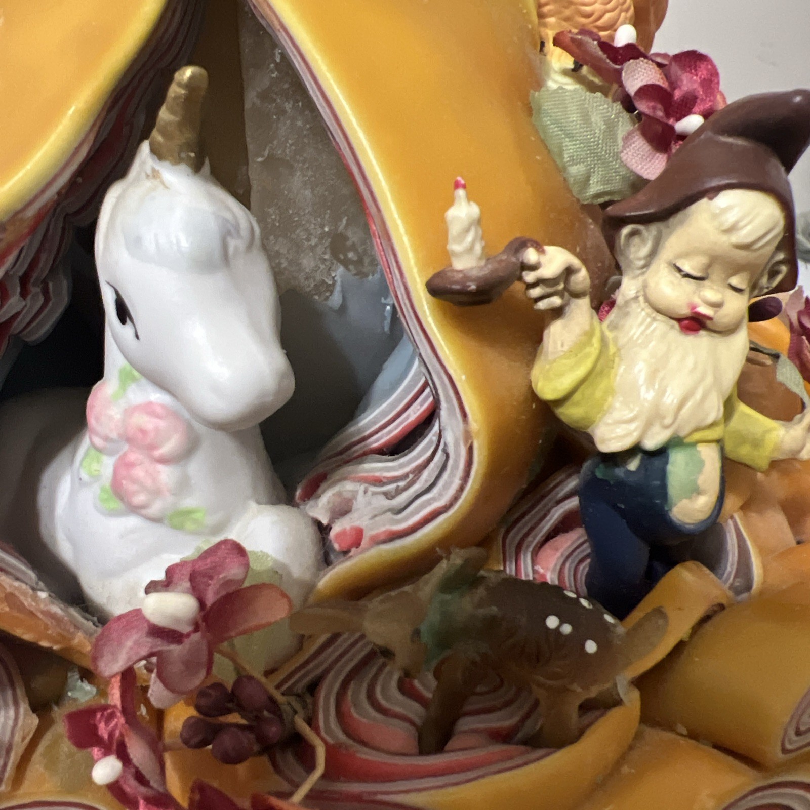 Vintage Candle Woodland Sculpted Tree Stump Elf Deer Owls Hand Carved Wax Art