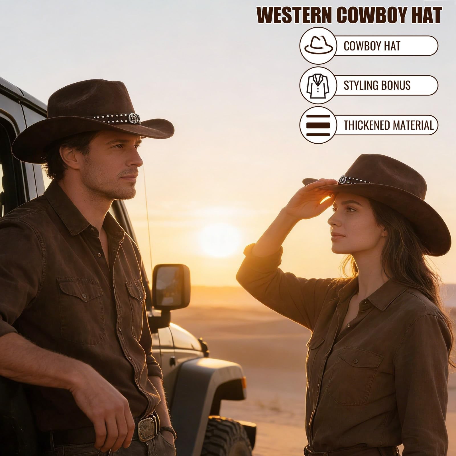 Unisex Wide Brim Brown Cowboy Hat Adjustable Size Fashionable