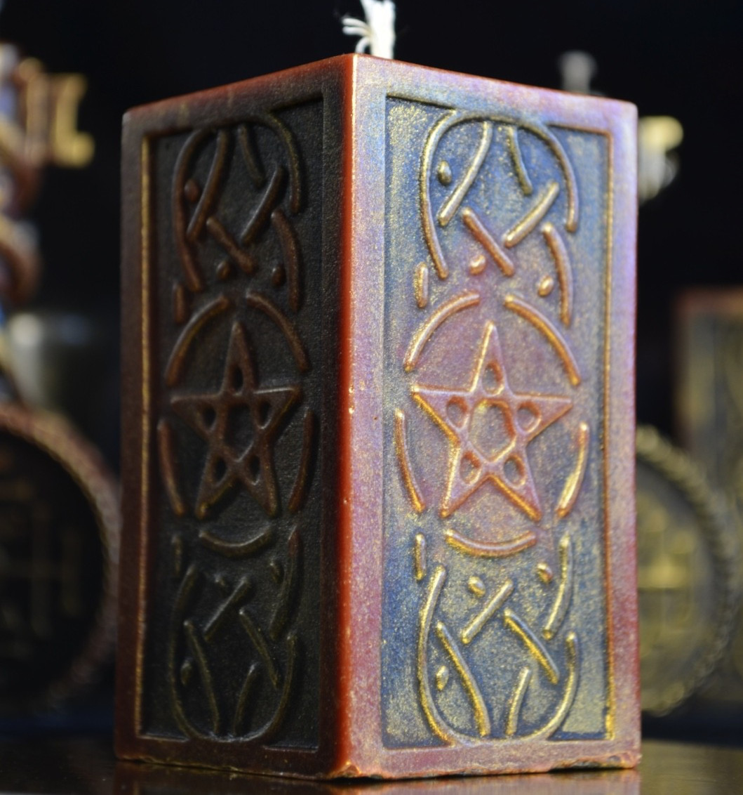 Pentagram Beeswax Pillar Candle Hand Painted Gold Occult Altar Decor Witchy Gift
