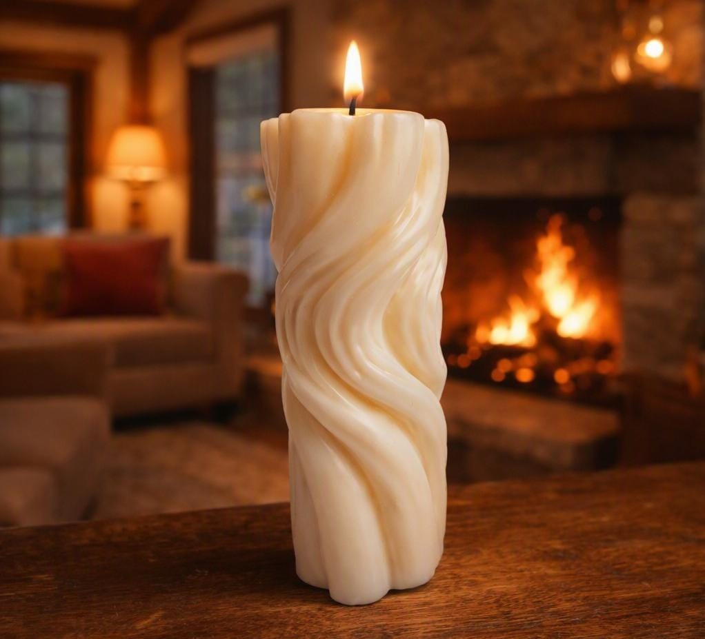 Elegant Twisted Pillar Soy Wax Candle – Off White, Rose Scented, 5″
