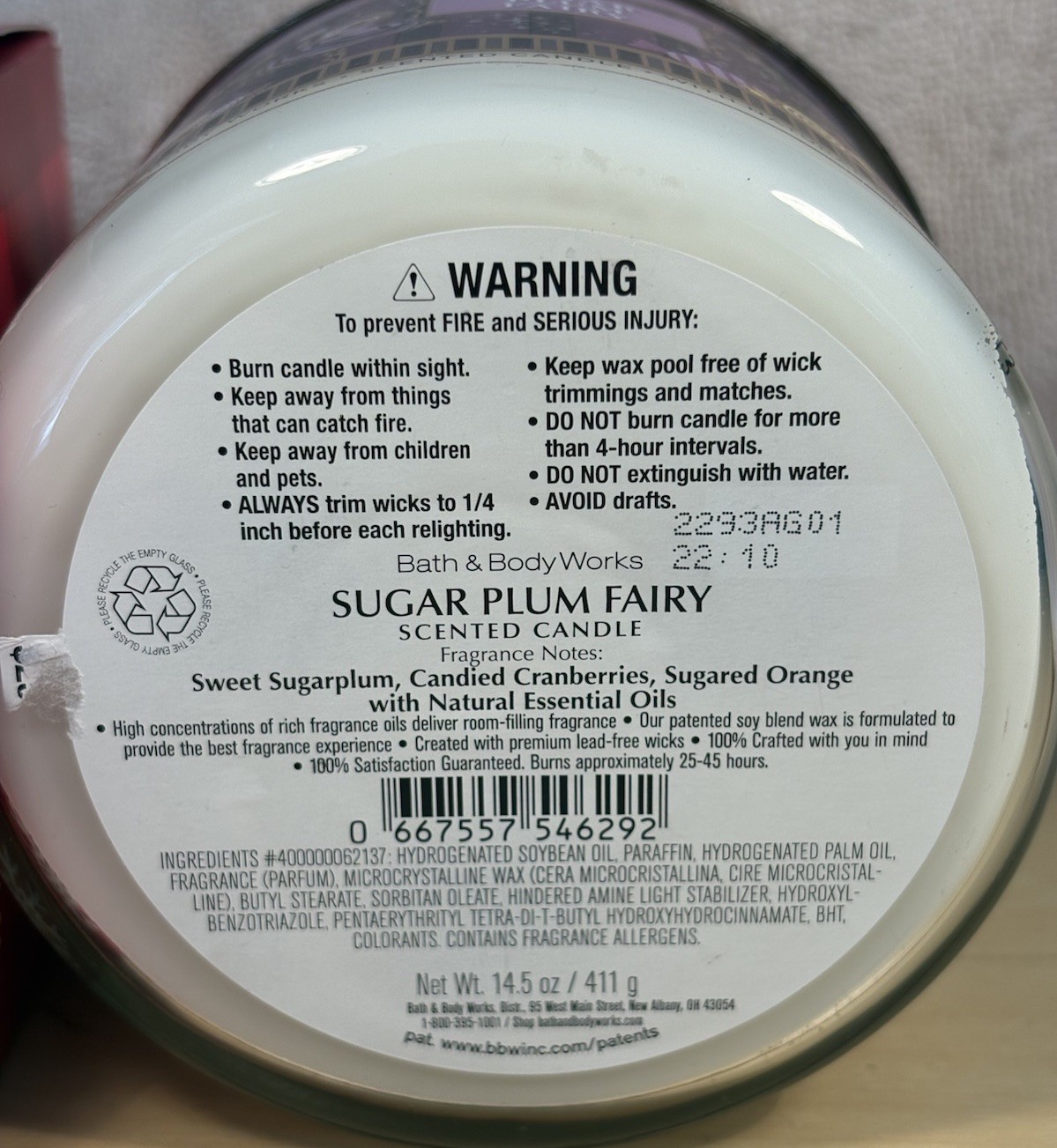 Bath & Body Works 3-Wick Scented Candle Sugar Plum Fairy 14.5 Oz Essential Oils