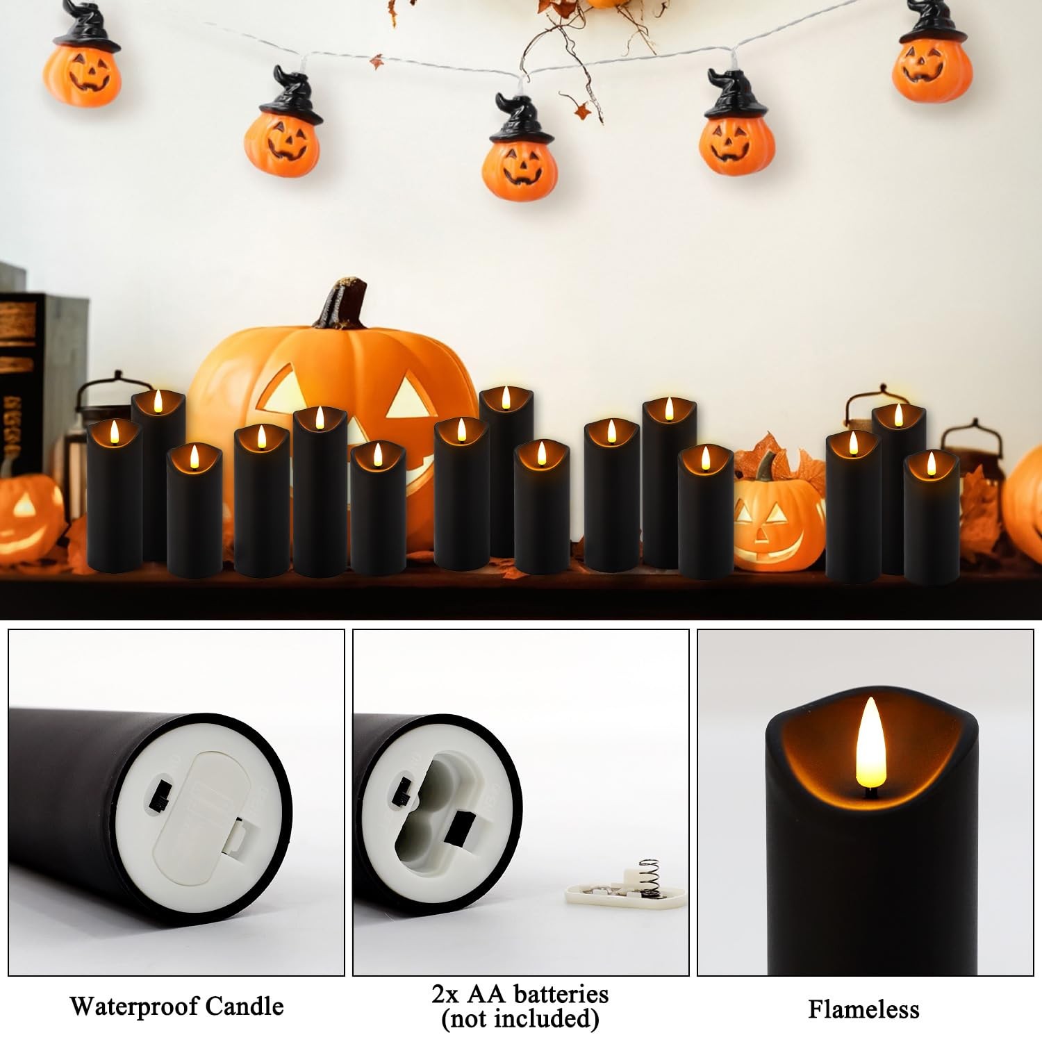 Set of 24 Flickering Black Flameless Candles, Battery Operated LED Pillar Can
