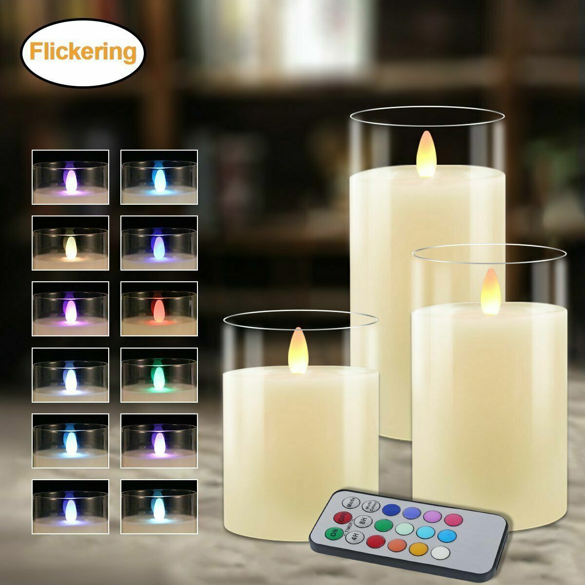 3Pcs Multi-Color Flameless LED Glass Candles Battery Remote Valentines Day Decor
