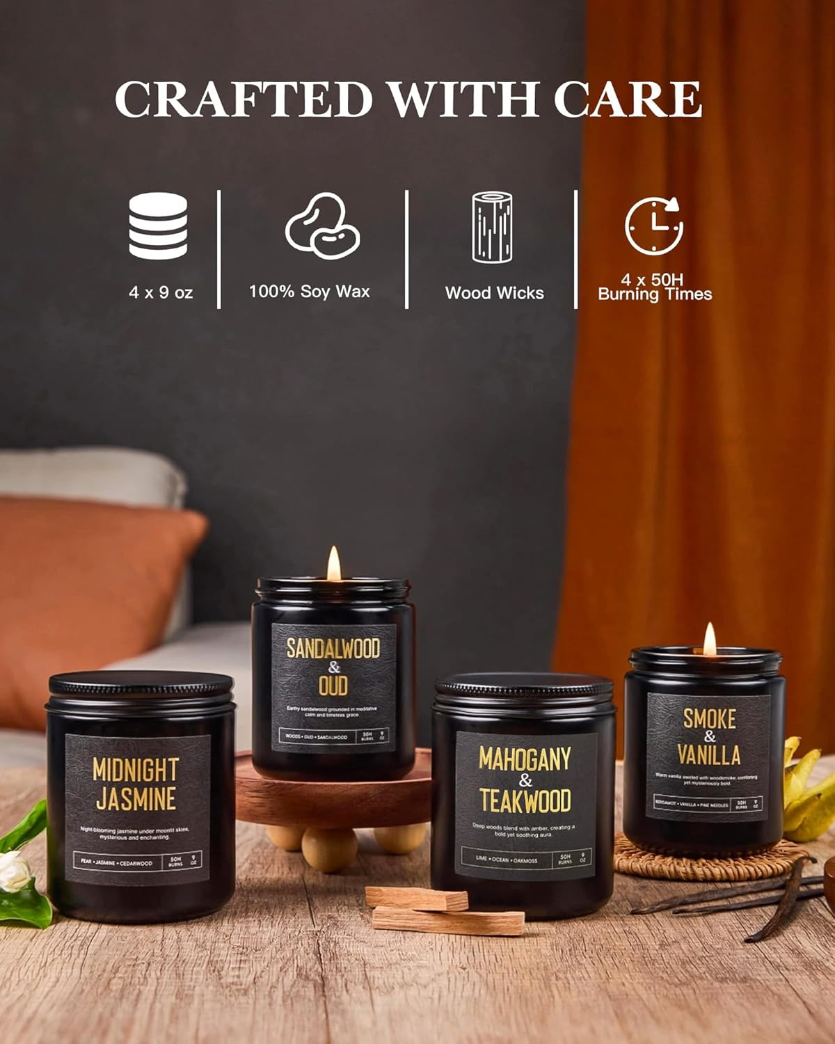 Crackling Wood Wick Candles for Men: Pack 36Oz Soy Scented Candles for Home Sce