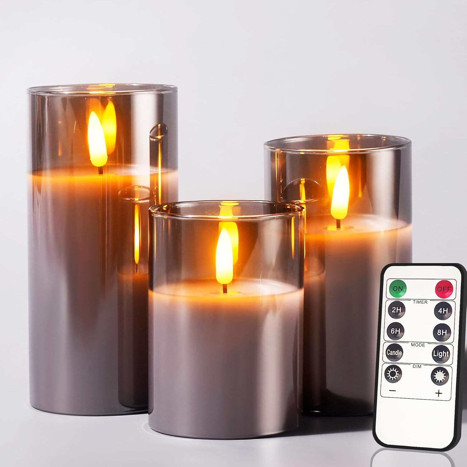 Glass Battery Operated LED Flameless Candles with Remote and Timer, Real Wax Can