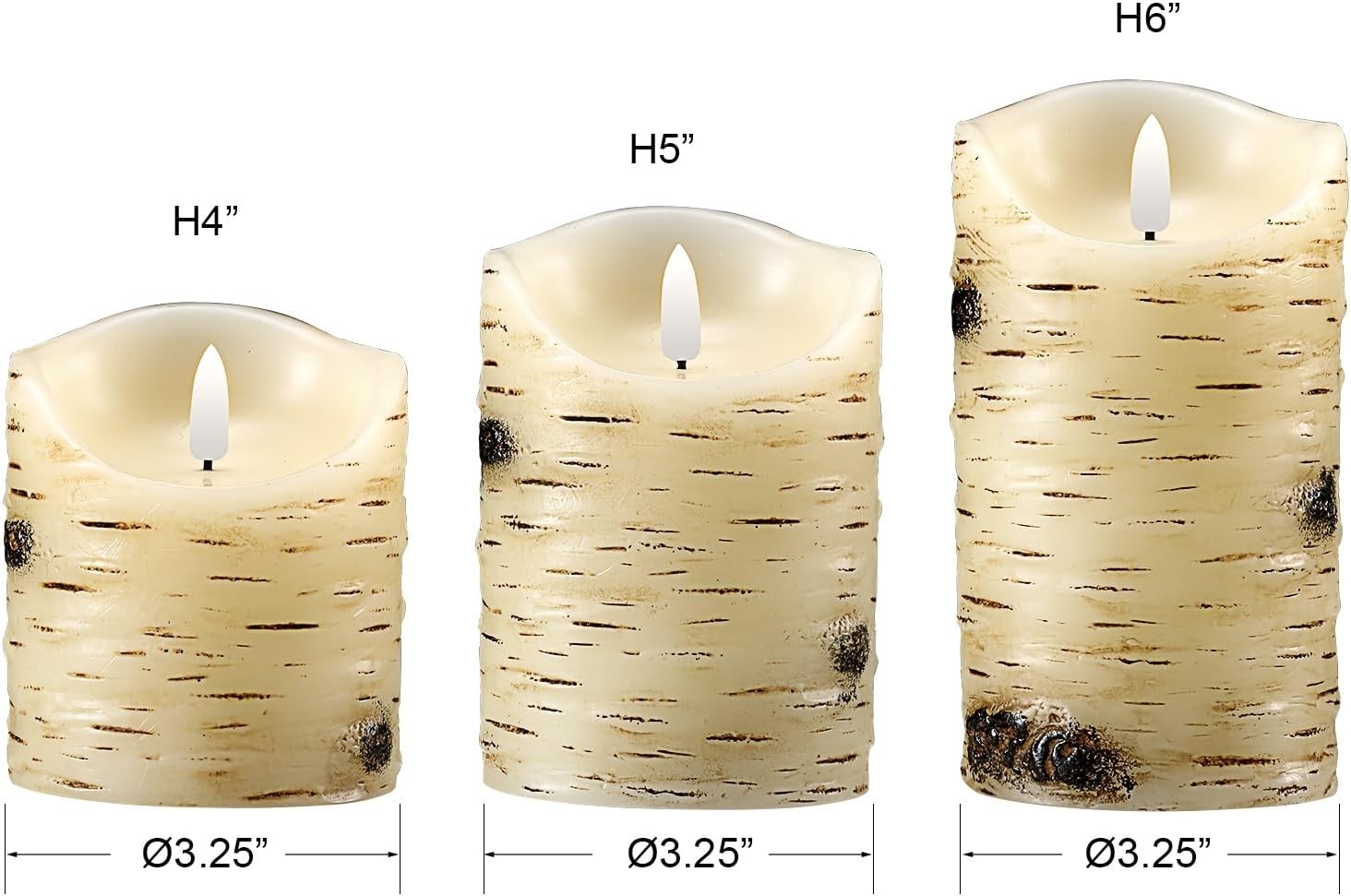 Flameless Candles LED Candles Birch Bark Set of 3 D 3.25″ x H 4″ 5″ 6″ Ivory …