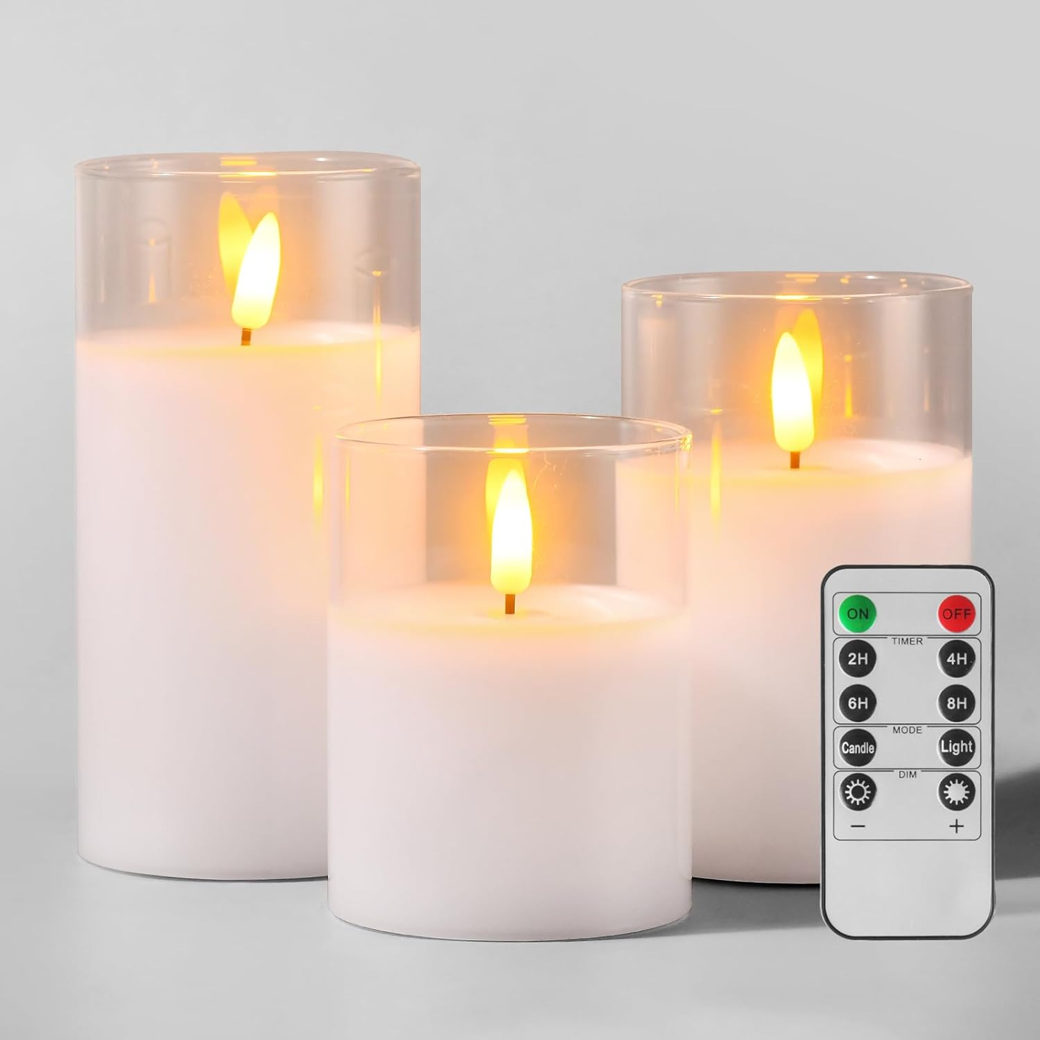 Glass Battery Operated LED Flameless Candles with Remote and Timer, Real Wax Can