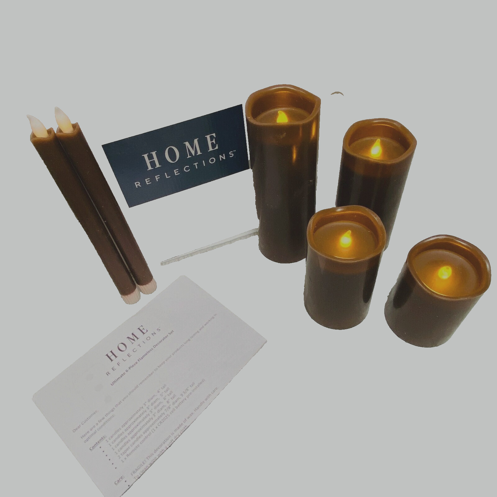 Flameless Candle Set MINK BROWN Sculptured Top Home Reflections 6 Piece Remote