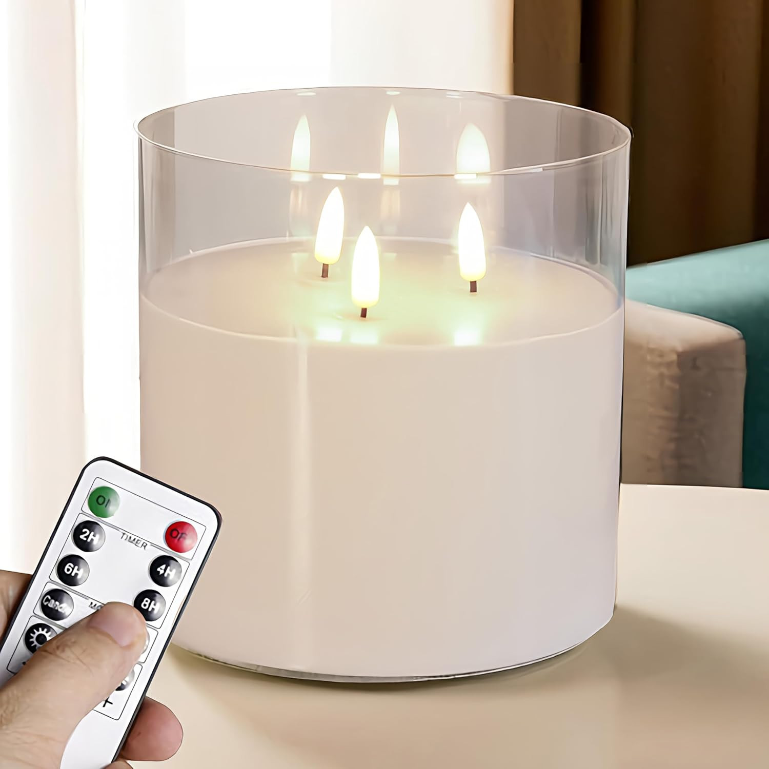 6x6in 3 Wick Flameless LED Candle Real Wax Glass Remote White Decor – US