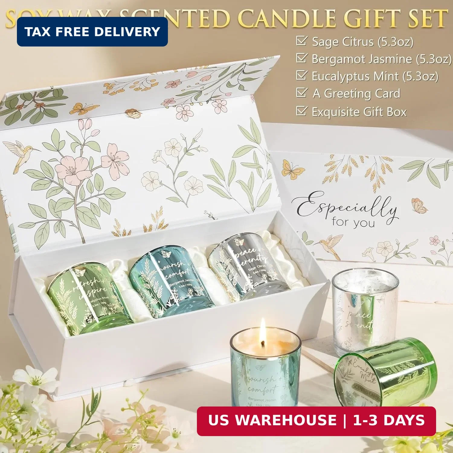 Scented Candles for Women, 3 Pack Soy Wax Candle Gift Sets for Home Scented | Ho