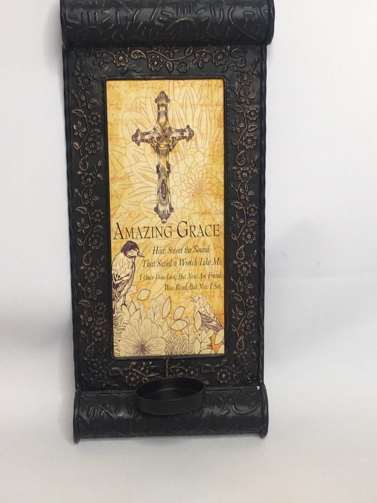 Wall Sconce Amazing Grace Candle Light Weight Metal Decor Cross Birds Votive